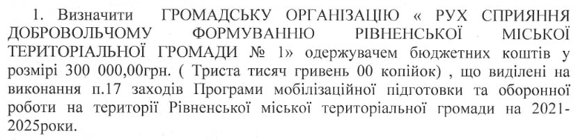Розпорядження Олександра Третяка щодо одержувача 300 тисяч гривень з бюджету Рівненської громади