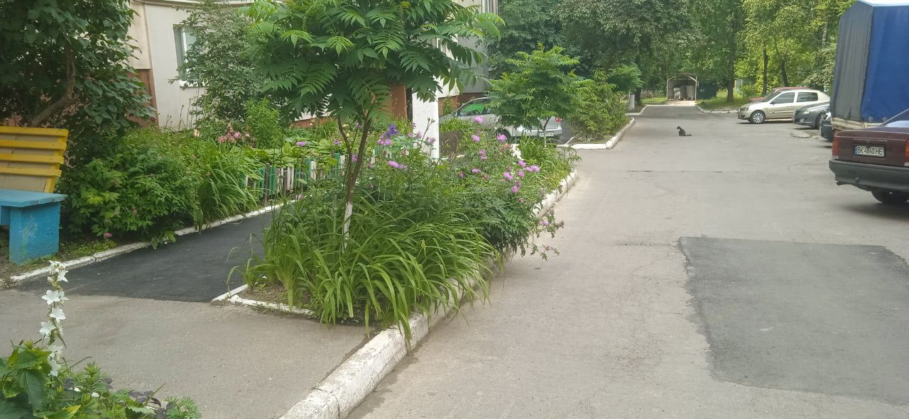 Шухевича, 6, оновлений тротуар біля будинку, є кілька латок на дорозі біля будинку