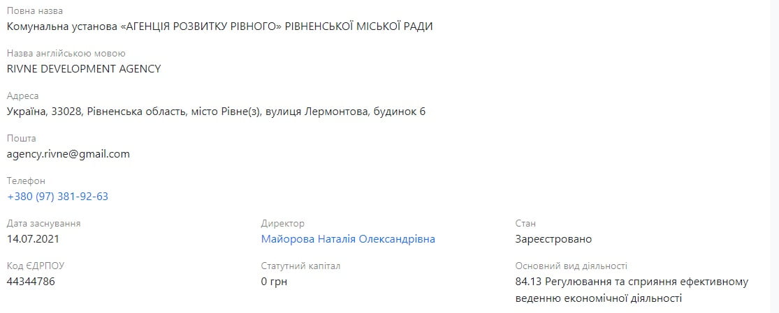 У Наталії Майорової нове призначення - вона очолила Агенцію розвитку Рівного - скріншот ресурсу Opendatabot