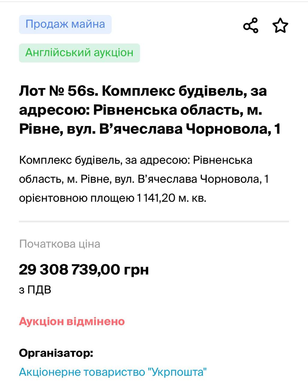 1 Укрпошта виставила майно на 200 млн грн, але лот у Рівному зняли з торгів